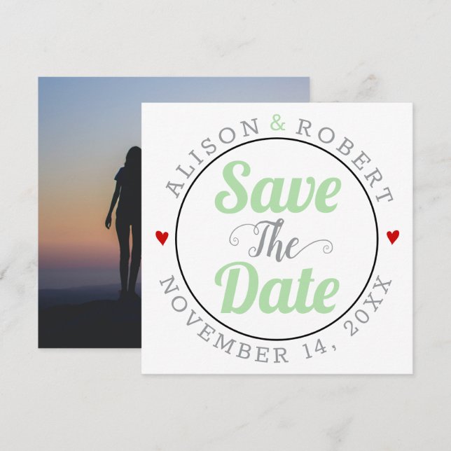 Graue Pfefferminztypografie Foto auf der Rückseite Save The Date (Vorne/Hinten)