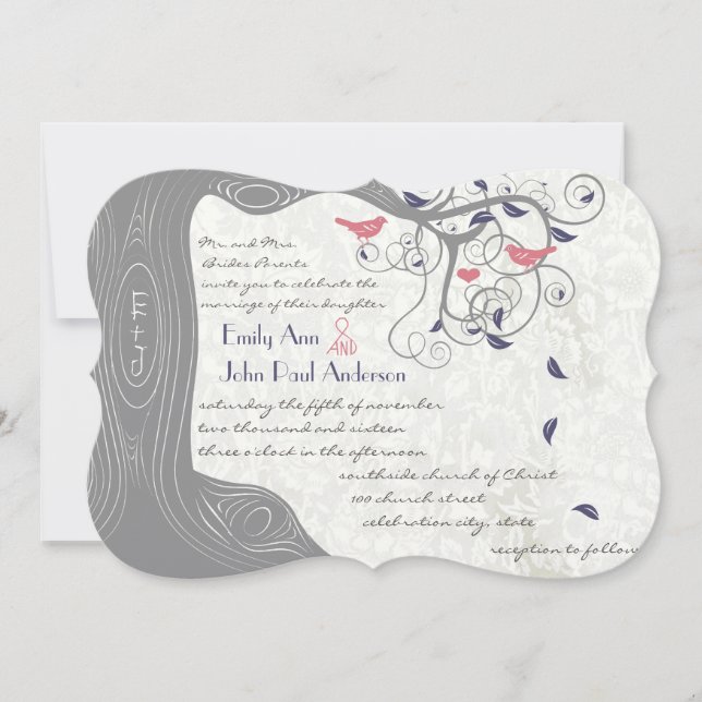 Graue Pfirsich und Navy Love Bird Hochzeitseinladu Einladung (Vorderseite)