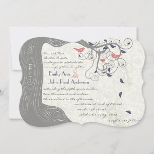 Graue Pfirsich und Navy Love Bird Hochzeitseinladu Einladung