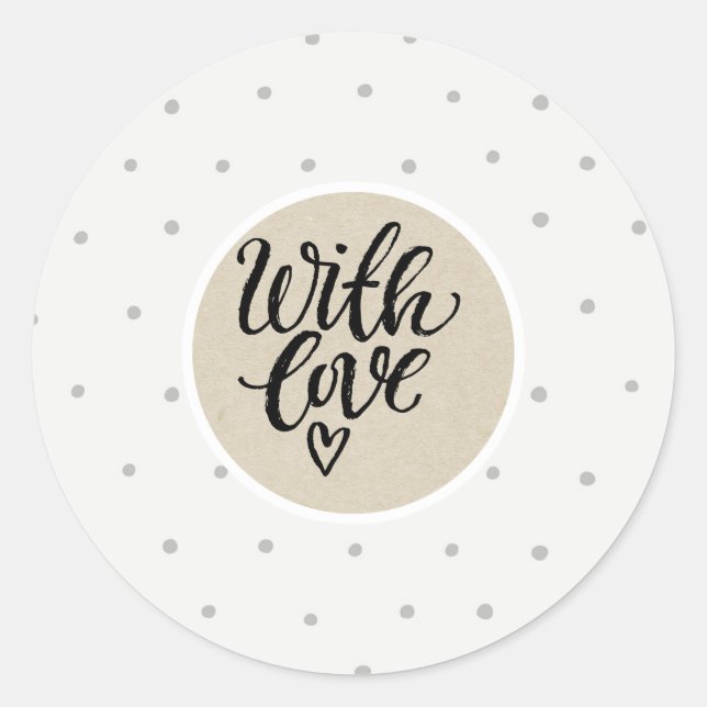 Graue Polka docht weiße, rustikale Kraft mit Liebe Runder Aufkleber (Vorderseite)