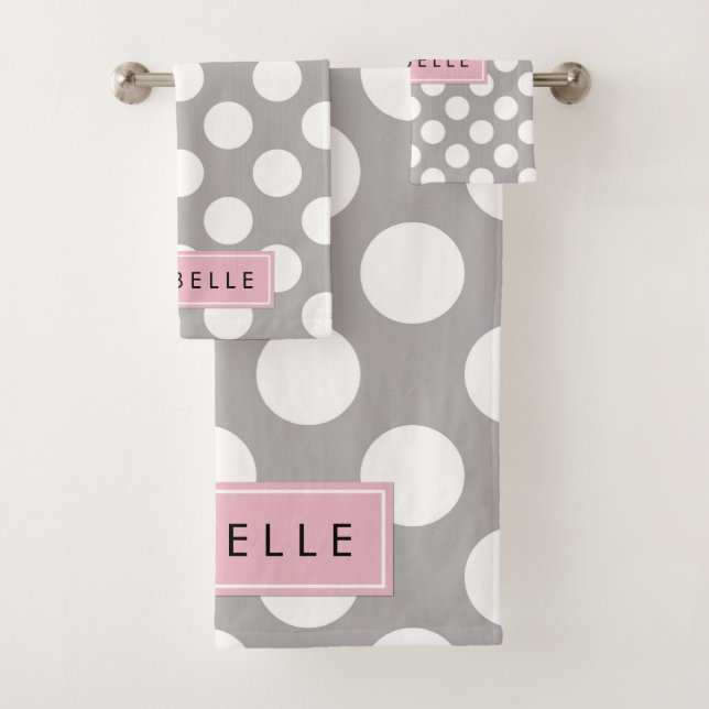 Graue Polka Dots, Polka Dot Pattern, Ihr Name Badhandtuch Set (Insitu)
