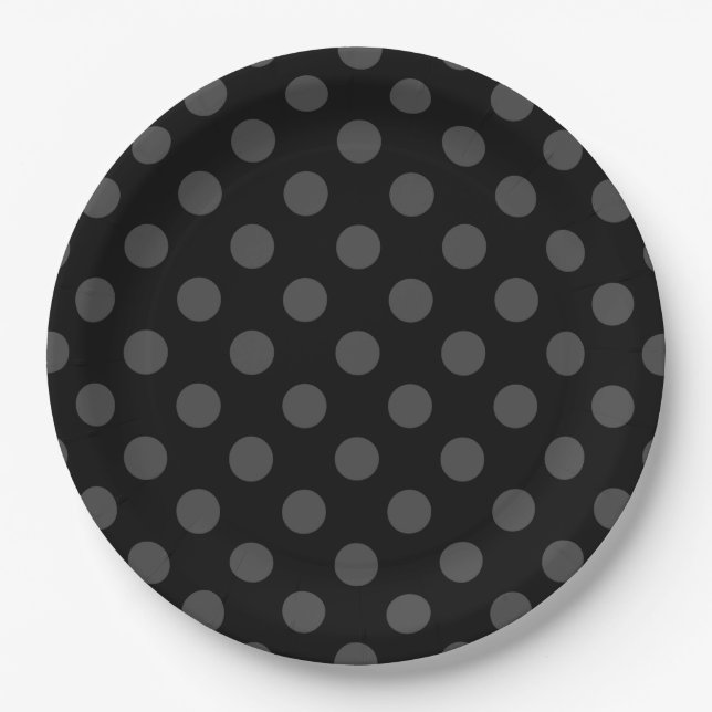 Graue Polka-Punkte auf schwarz Pappteller (Vorderseite)