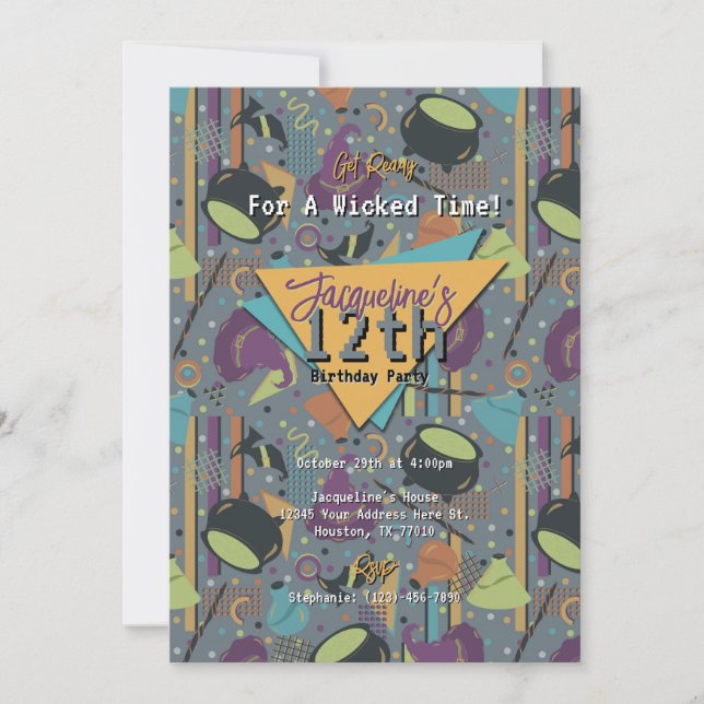 Graue Retro Witchy Halloween Einladung (Vorderseite)