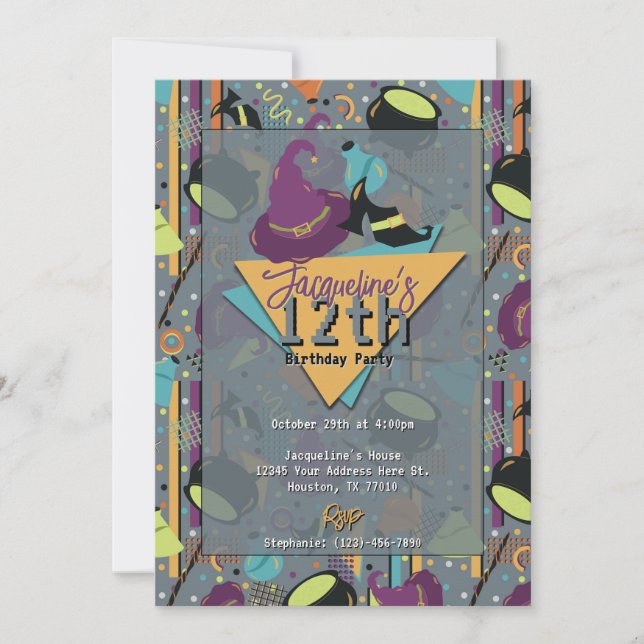 Graue Retro Witchy Halloween Einladung (Vorderseite)