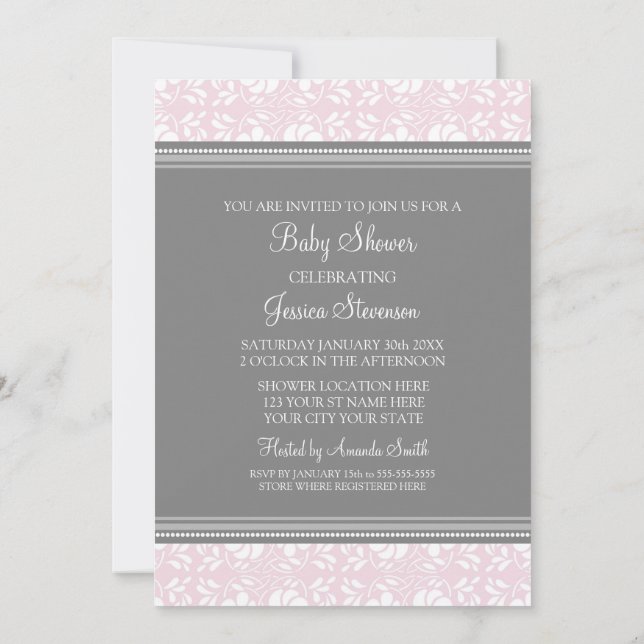 Graue rosa Damaske Custom Baby Dusche Einladungen (Rückseite)