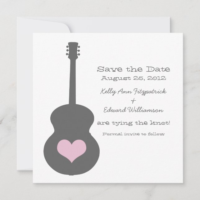 Graue/rosa Gitarrenherz Save the Date einladen (Vorderseite)