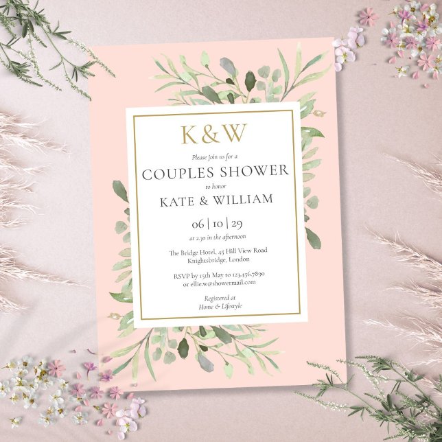 Graue Rosa Paare Dusche Einladung (Gold Monogram Greenery Blush Pink Couples Shower Invitation)