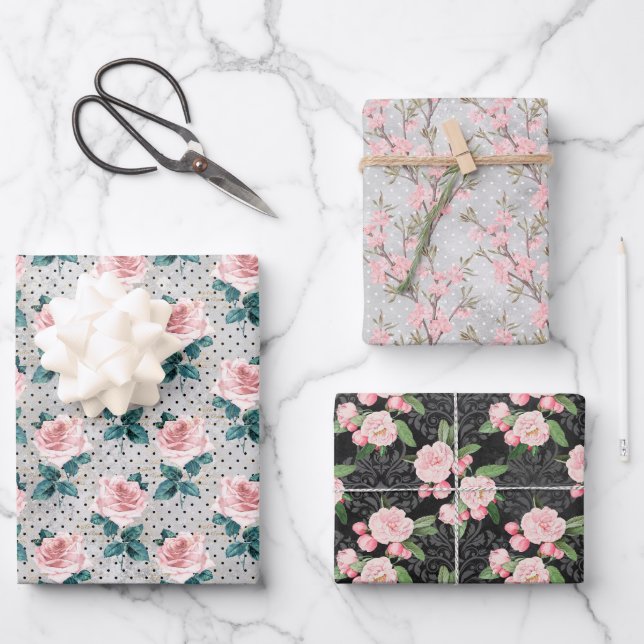 Graue Rosa Rosen Blumennoten Geschenkpapier Set (Vorderseite)