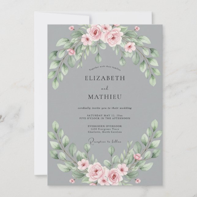 Graue Rosé Blatt Hochzeit Einladung (Vorderseite)