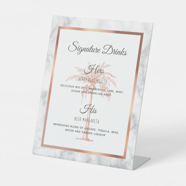 Graue Rose Gold Palm Tree Hochzeit Signature Drink Sockelschild (Vorderseite)
