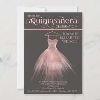 Graue Rose Goldkleid Kalligraphie Quinceañera Einladung