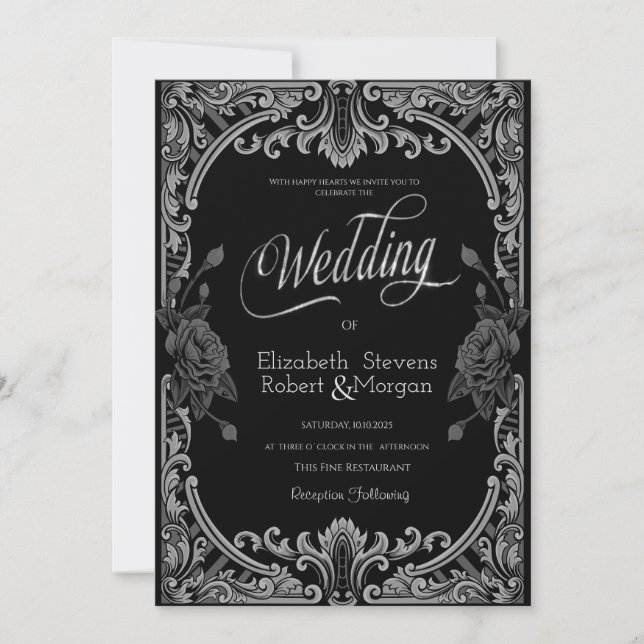 Graue Rose, Streifen, gotische Hochzeit Einladung (Vorderseite)
