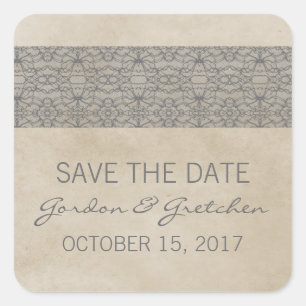 Graue Rustic Lace Save-the-Date-Aufkleber Quadratischer Aufkleber