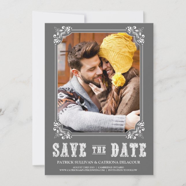 GRAUE SAVE-THE-DATE-ANKÜNDIGUNG IM WESTLICHEN SCHR EINLADUNG (Vorderseite)