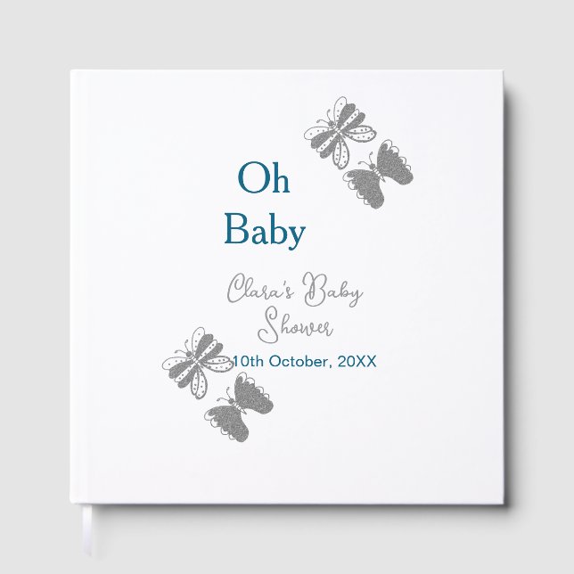 Graue Schmetterlingsblauer Babydusche - Babybett Gästebuch (Vorderseite)