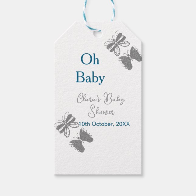 Graue Schmetterlingsblauer Babydusche - Babybett Geschenkanhänger (Vorderseite)