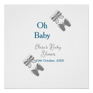 Graue Schmetterlingsblauer Babydusche - Babybett Poster