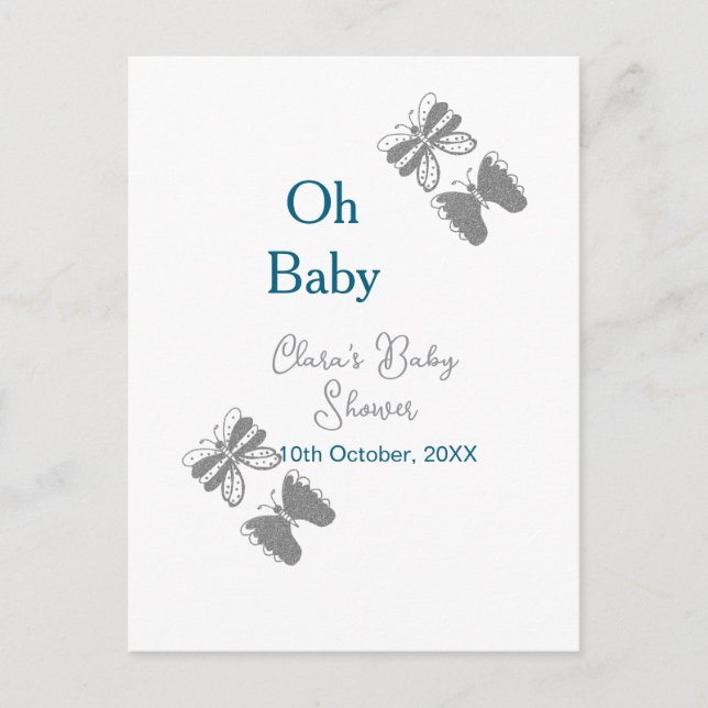 Graue Schmetterlingsblauer Babydusche - Babybett Postkarte (Vorderseite)