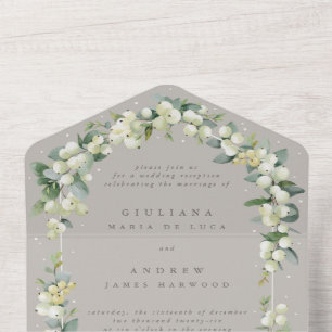 Graue Schneebeere + Eukalyptus Hochzeitsempfang All In One Einladung