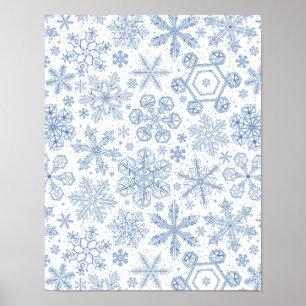 Graue Schneeflocken auf weißem Grund Poster