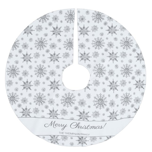 Graue Schneeflocken und gebräuchlicher Familiennam Polyester Weihnachtsbaumdecke (Vorderseite)