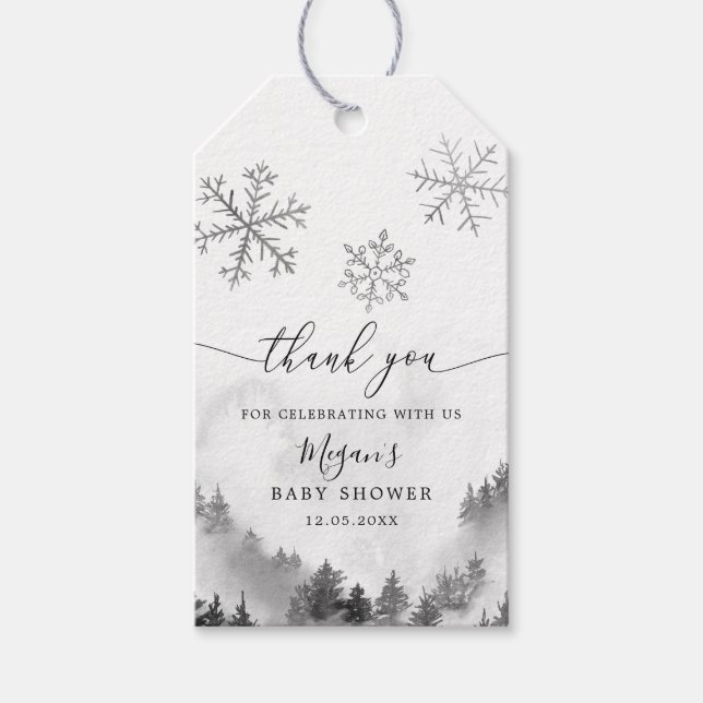 Graue Schneeflocken Winter Wonderland Babydusche Geschenkanhänger (Vorderseite)