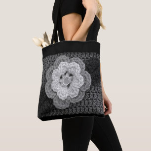 Graue Schwarz-weiße Blume Kunsthandwerk Crochet Pr Tasche