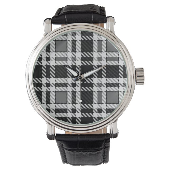 Graue Schwarz-weiße Flannel Kariertes Tartan Desig Armbanduhr (Vorderseite)
