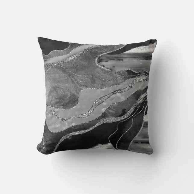 Graue Schwarz-weiße Marmorplatte Agate Silver Glit Kissen (Vorderseite)