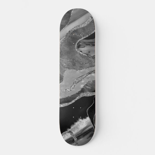 Graue Schwarz-weiße Marmorplatte Agate Silver Glit Skateboard (Vorderseite)