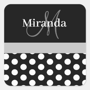 Graue Schwarz-weiße Polka Dot Monogram Square Stic Quadratischer Aufkleber