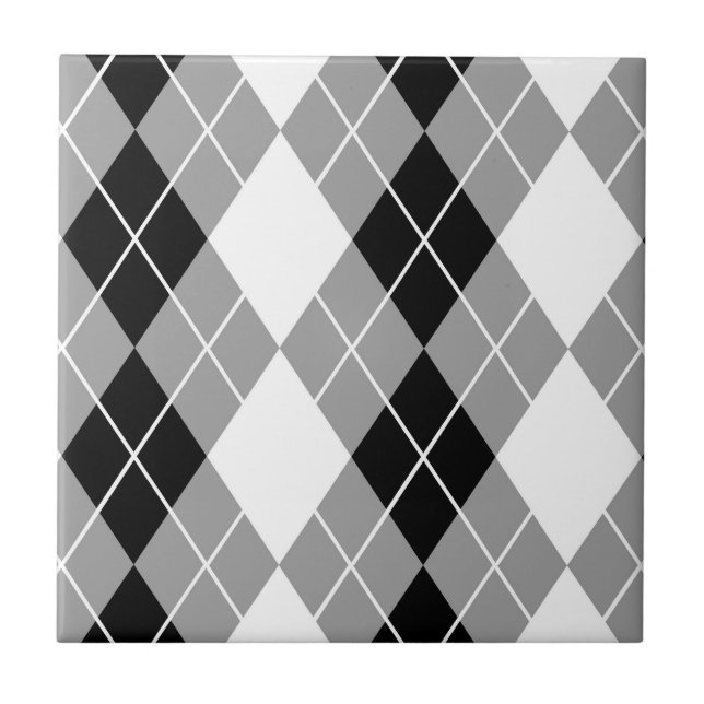 Graue Schwarz-weiße Raute Diamond Design Fliese (Vorderseite)