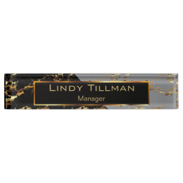 Graue, schwarze und goldene Marmorkonstruktion Namensplakette