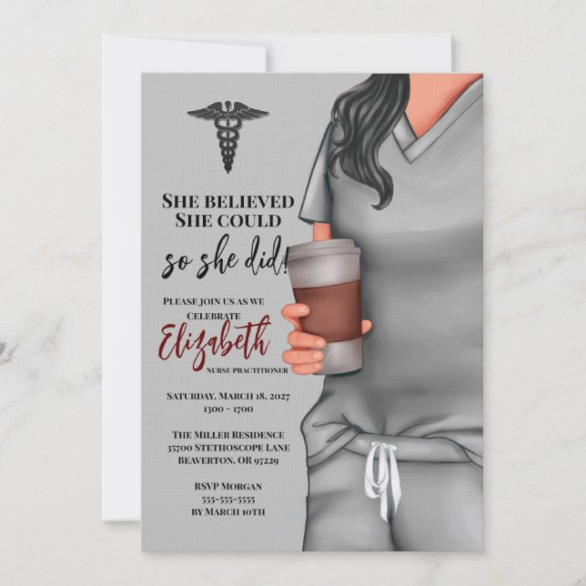 Graue Scrubs Nursing School Abschluss Einladung (Vorderseite)