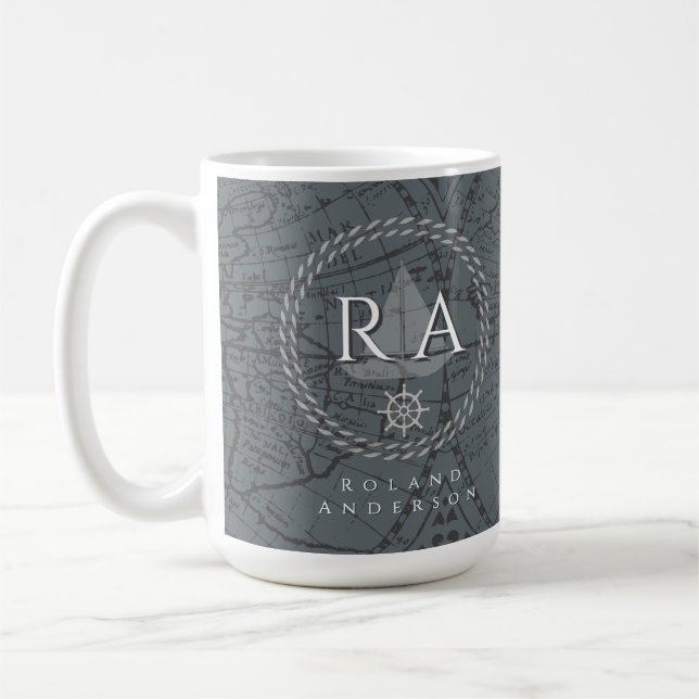 Graue Seekartemonogramm-Karte Kaffeetasse (Links)