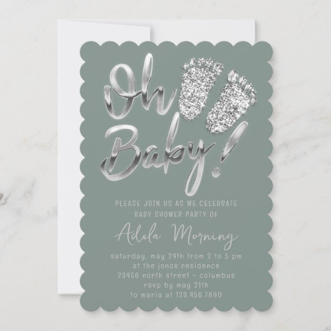 Graue Silber Feet Baby Girl Boy Dusche Smoky Grün Einladung (Vorderseite)