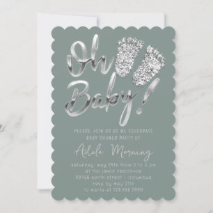 Graue Silber Feet Baby Girl Boy Dusche Smoky Grün Einladung