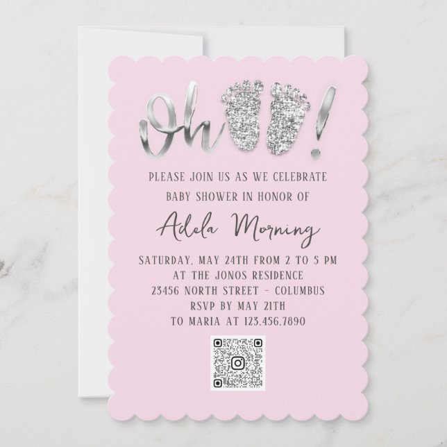 Graue Silber Glitzer Feet Baby Girl QR CODE Pink Einladung (Vorderseite)
