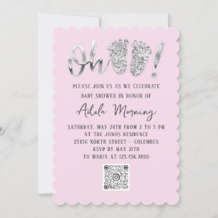 Graue Silber Glitzer Feet Baby Girl QR CODE Pink Einladung