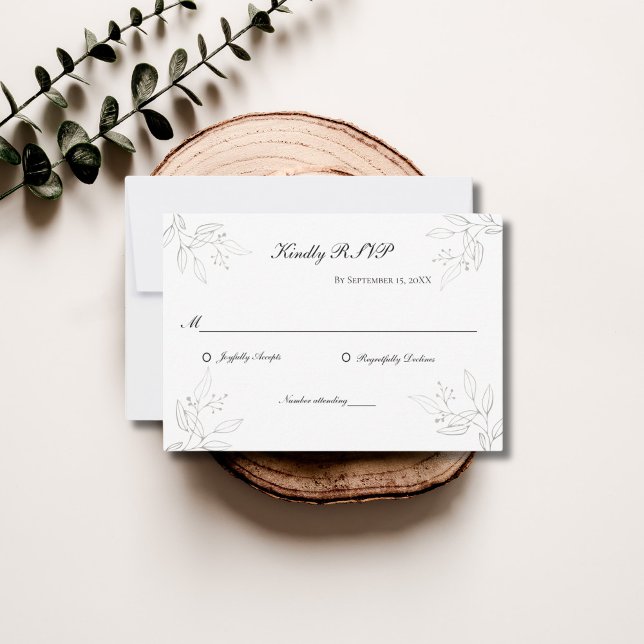 Graue Silberne Blätter Minimalistische Hochzeit RSVP Karte (Silver Gray Leaves Botanical Wedding RSVP card)