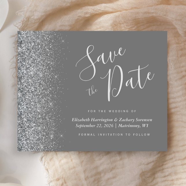 Graue Silberne Glitzer Hochzeit speichern Datum (Von Creator hochgeladen)