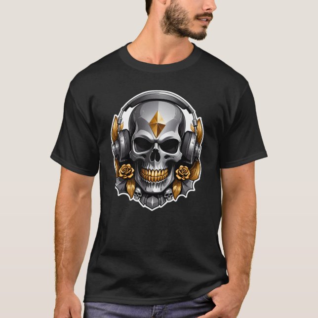 Graue Skull-Gold-Blume mit Kopfhörern T-Shirt (Vorderseite)