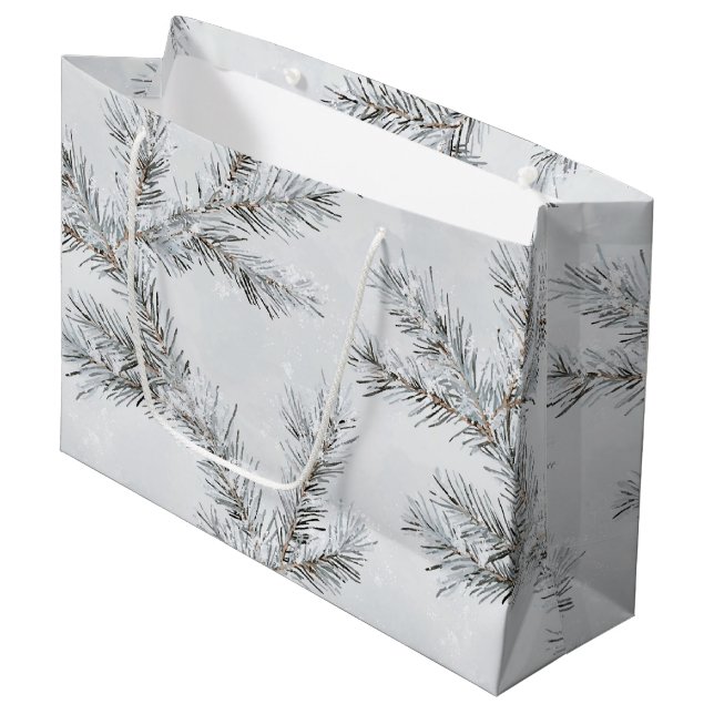 Graue Snowy Weihnachtsbaumzweige Große Geschenktüte (Vorderseite Schrägansicht)