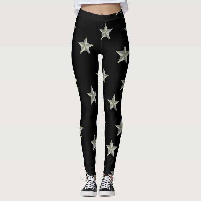 Graue Sternmuster auf schwarz Leggings (Vorderseite)