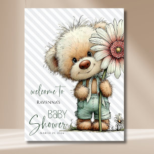 Graue Streifen Bär Große Daisy Baby Shower Willkom Poster