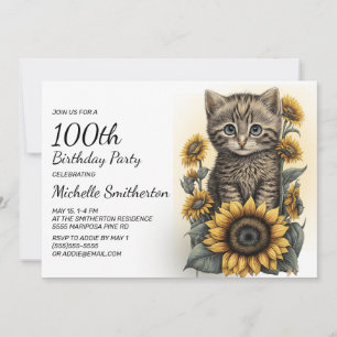 Graue Tabby-Kätzchen Katze Sonnenblumen 100. Gebur Einladung