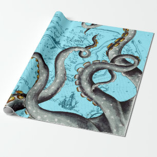 Graue Tentacles auf der Vintagen blauen Karte Geschenkpapier