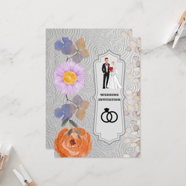Graue Textur Floral Islamische Hochzeit Einladung (Vorderseite/Rückseite Beispiel)