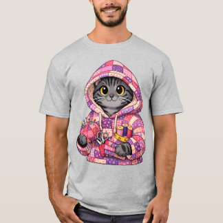 Graue Tigkatze in einem aufbereiteten Quilt-Hoodie T-Shirt