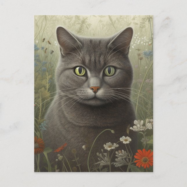 Graue Tom-Katze im Blumengarten Postkarte (Vorderseite)